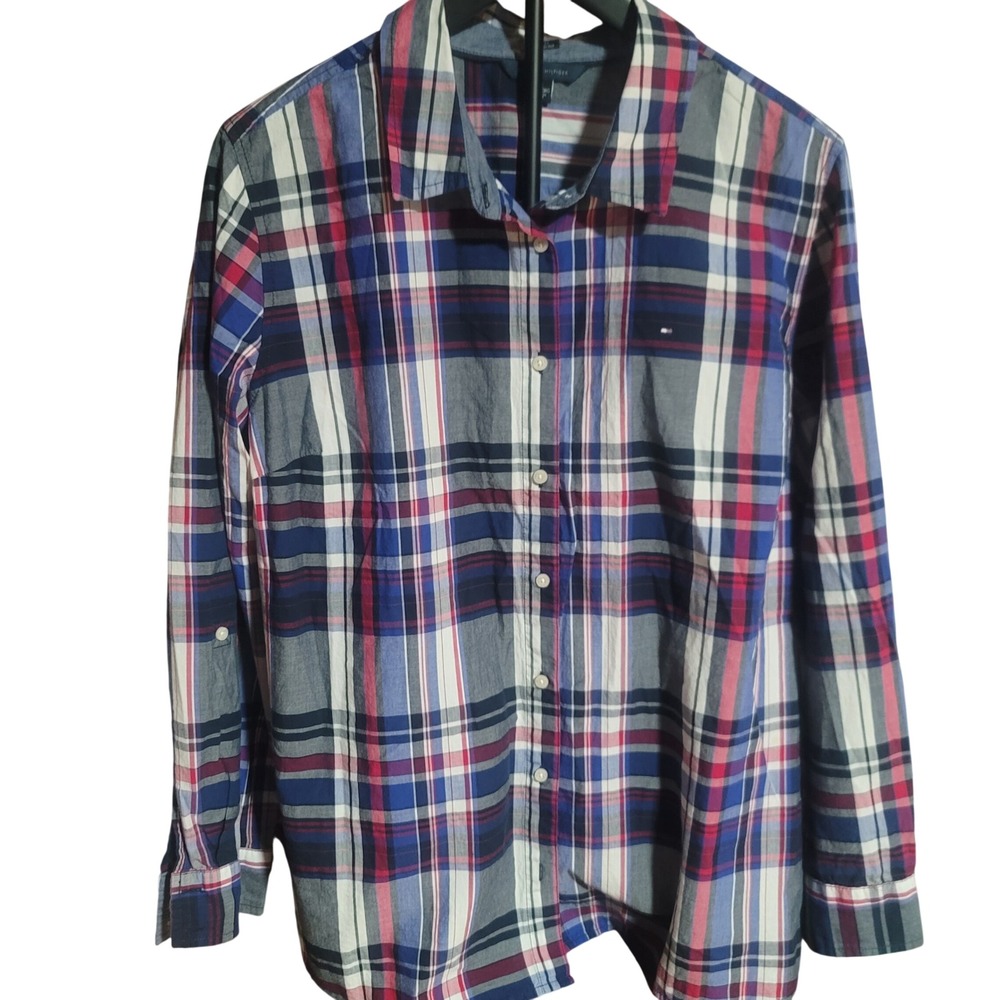 Tommy Hilfiger Womens XXL Classic Tartan Plaid Preppy Americana Roll Tab Shirt